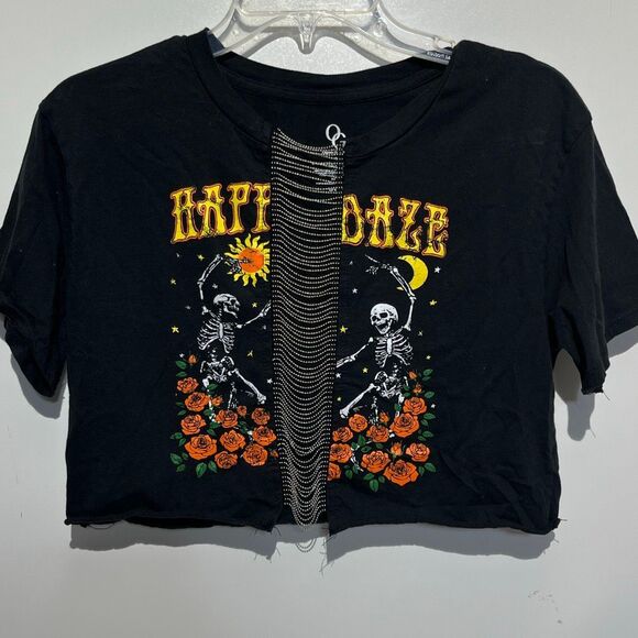 Organic Generation Women's Black Happy Daze Chain Skull Cotton Crop Top Small - Picture 1 of 8